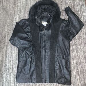 Vtg Comint Womens Size Large Leather Hooded Jacket Black Zip Front Faux Fur Trim